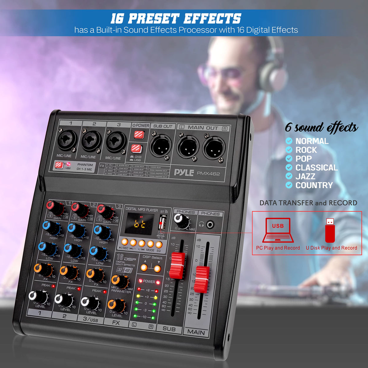 3-Channel DJ Audio Mixer with 16 Preset DSP Effects O18958