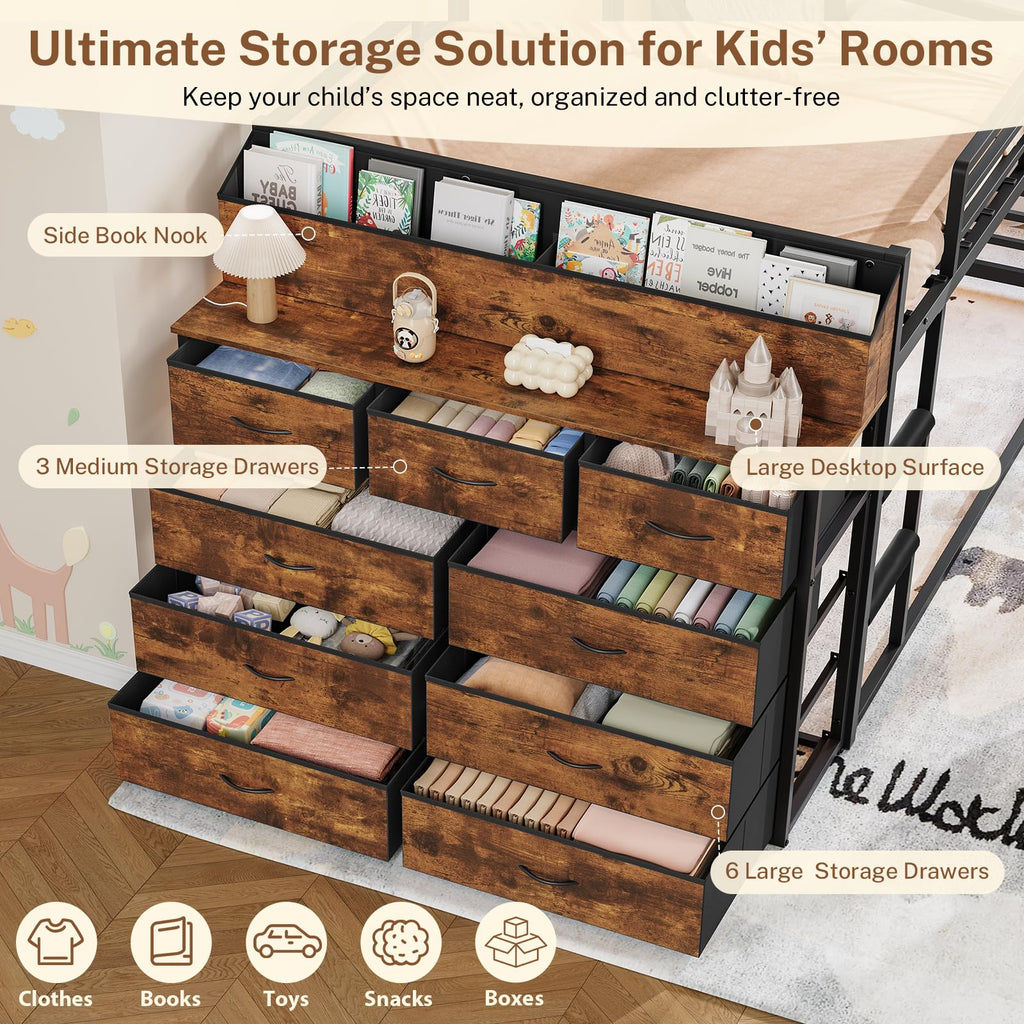 Twin Over Twin Metal Bunk Bed with Storage & LED Lights M12814