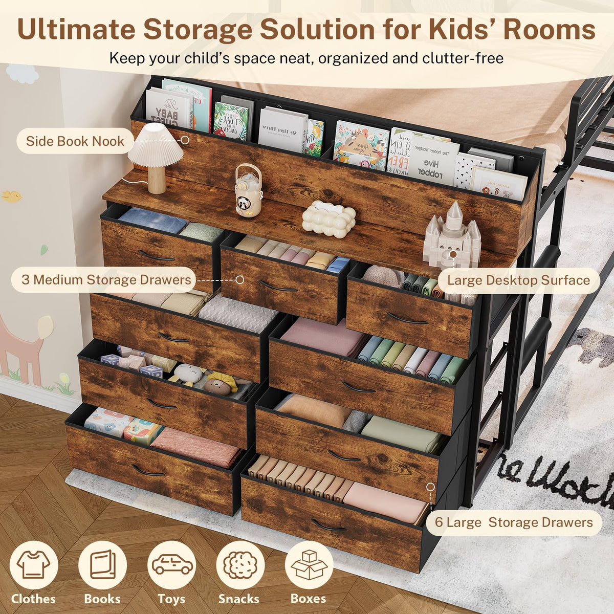 Twin Over Twin Metal Bunk Bed with Storage & LED Lights M12814