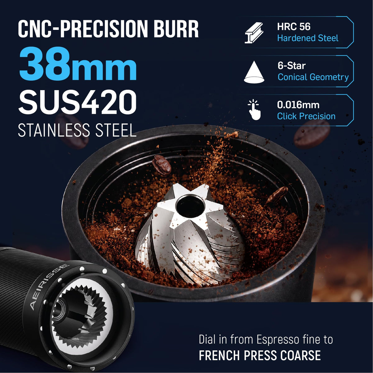 Manual 72-Click Conical Burr Stainless Steel Coffee Grinder H368395