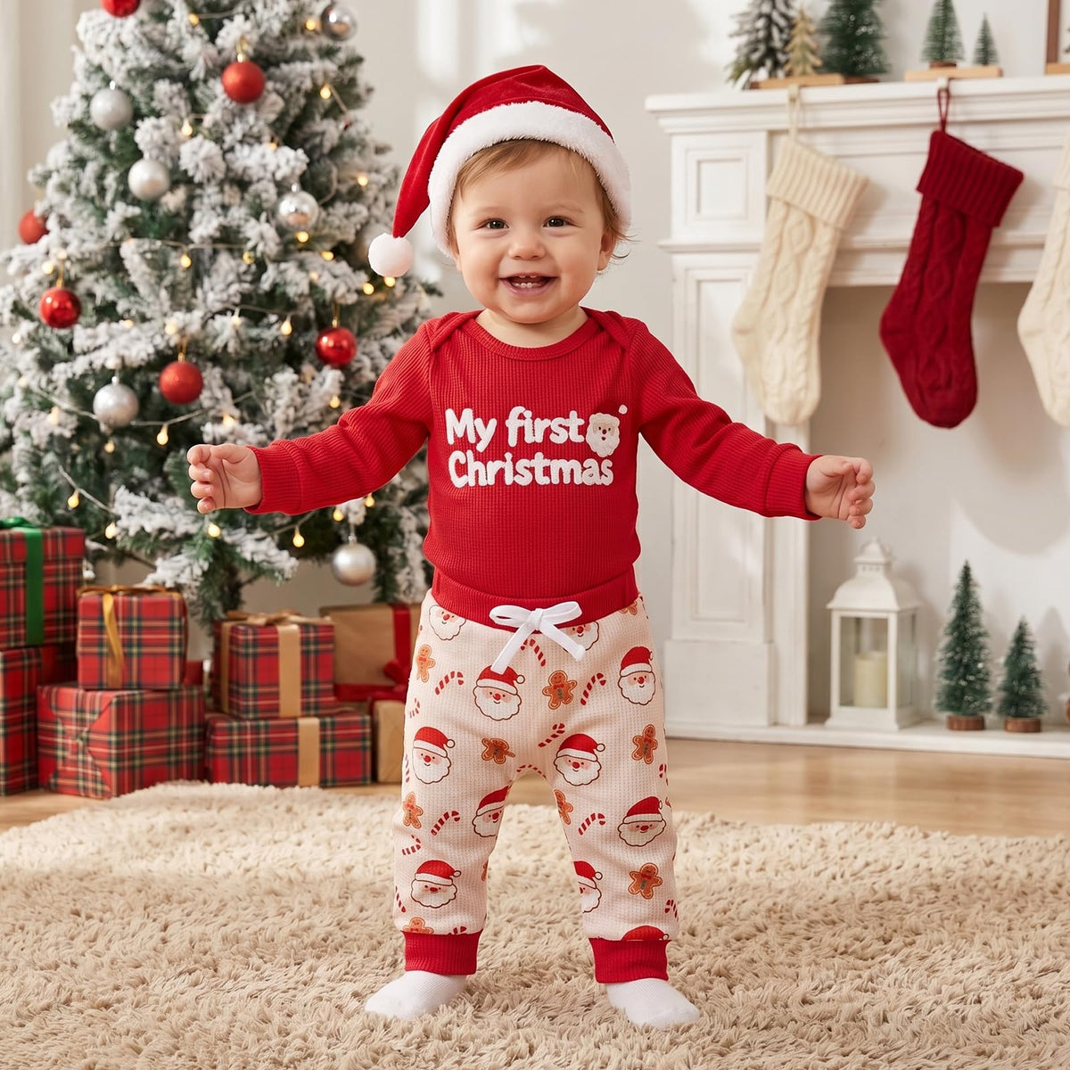 Newborn Baby Boy 3 Piece Waffle Long Sleeve Romper Pants Hat Set A871