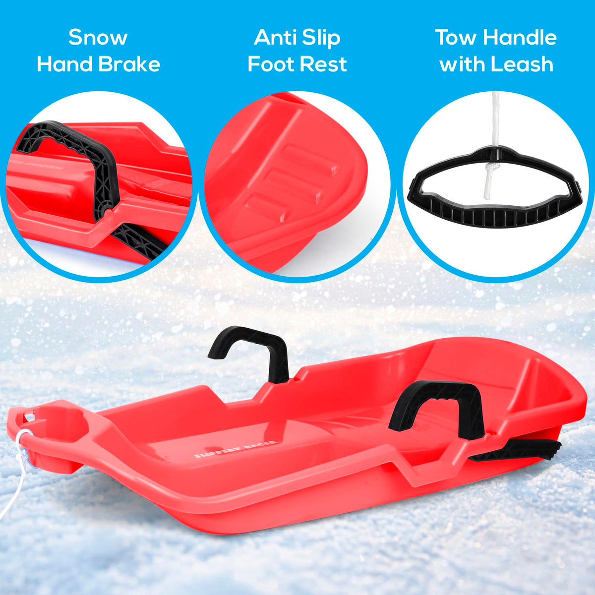 Red Flexible Plastic Toboggan Snow Sled with Brake V1223