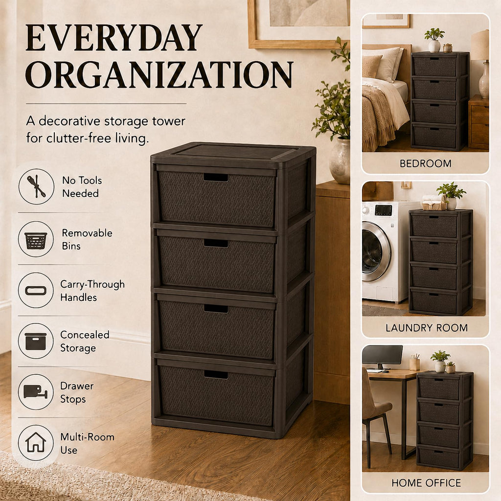 Brown 4-Drawer Plastic Storage Tower N929
