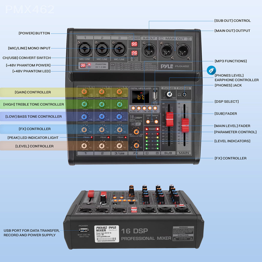 3-Channel DJ Audio Mixer with 16 Preset DSP Effects O18958