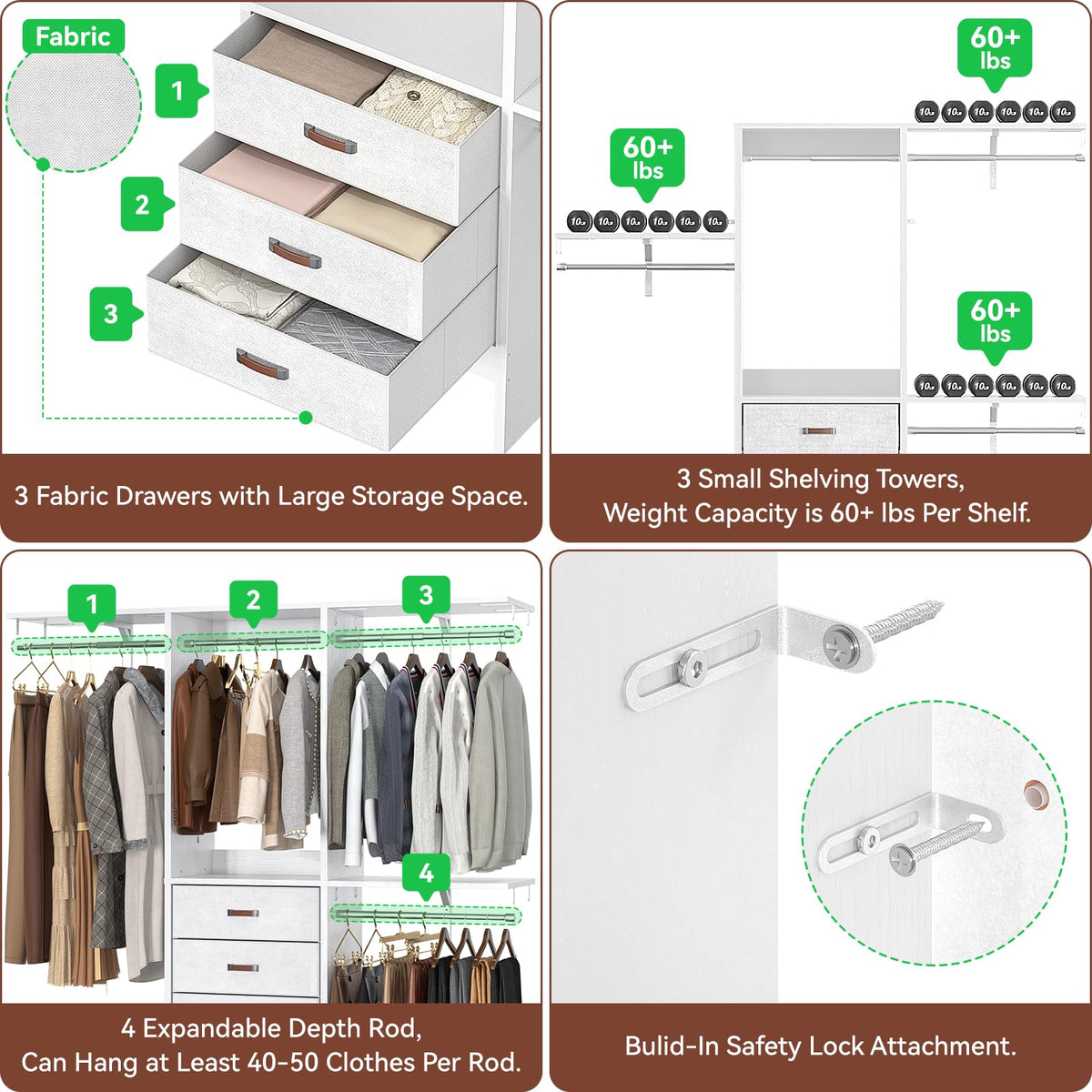 5FT Closet System with 3 Fabric Drawers T88100