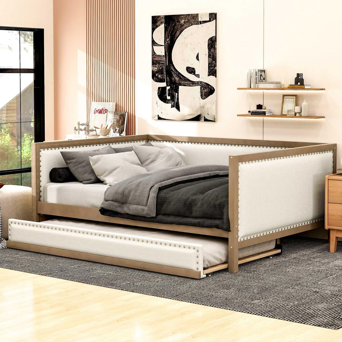 Full Size Upholstered Daybed with Trundle Linen Fabric Y438