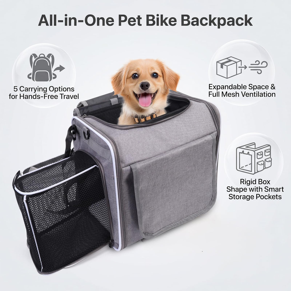 Foldable Expandable Pet Carrier Backpack for Bicycle Handlebar, Gray I920