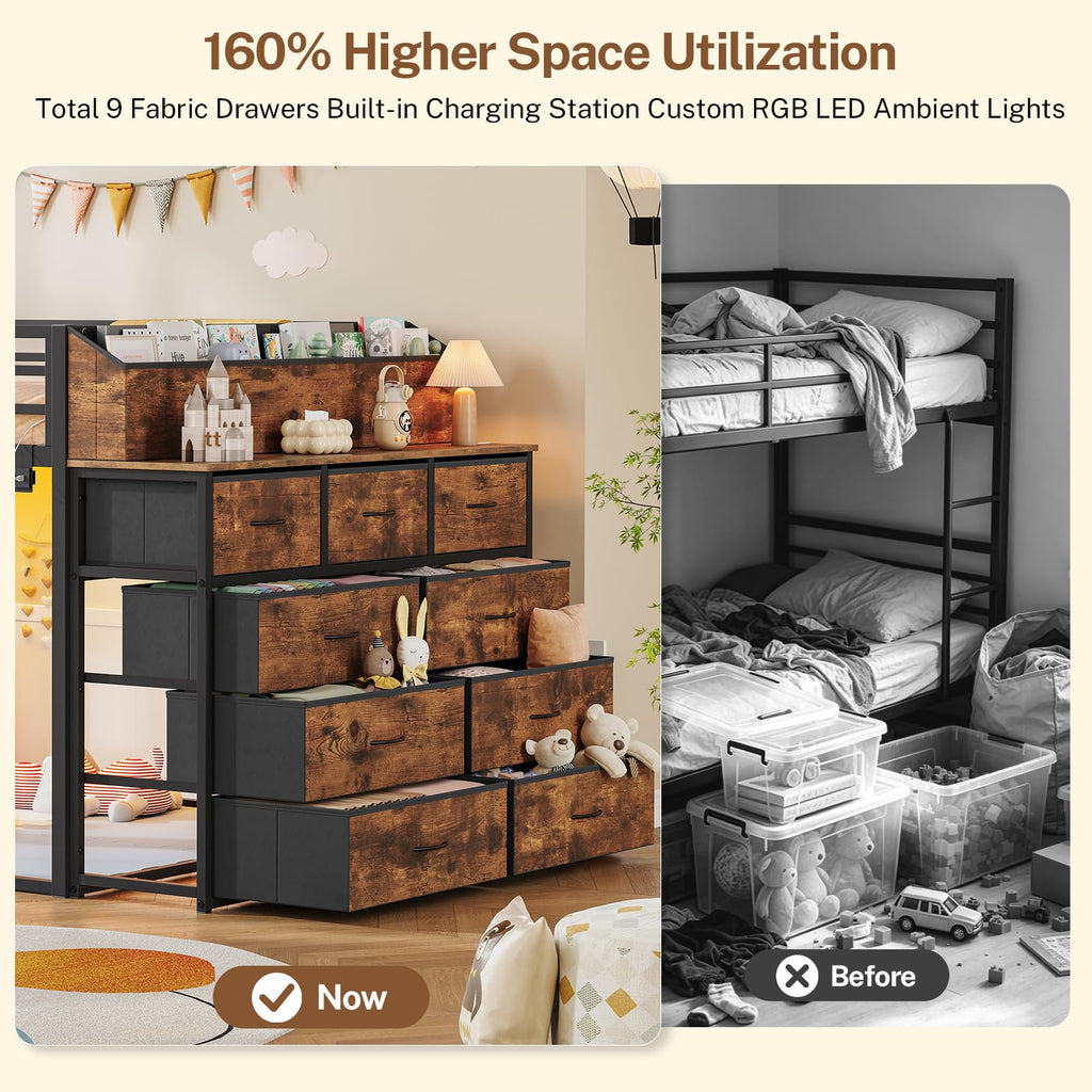 Twin Over Twin Metal Bunk Bed with Storage & LED Lights M12814