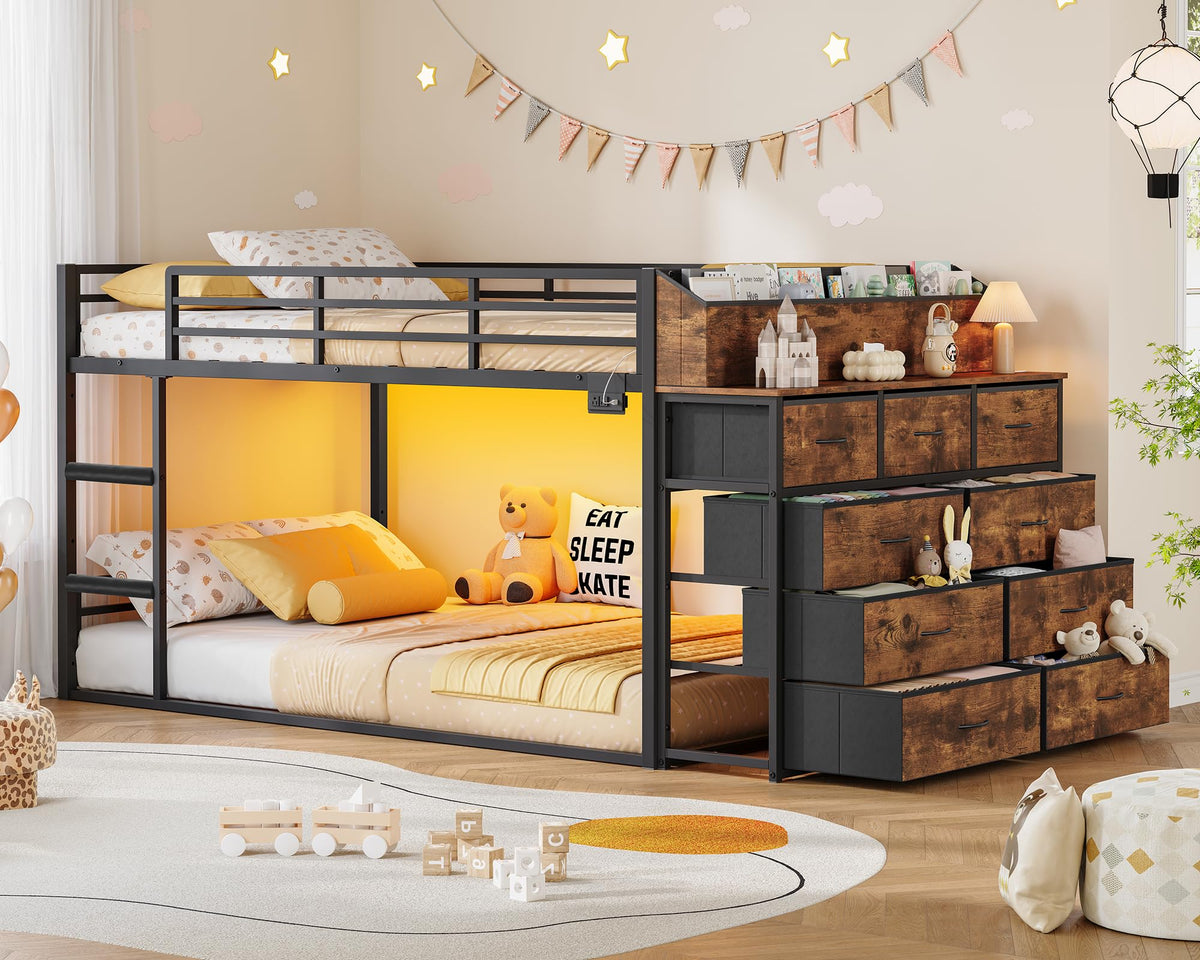 Twin Over Twin Metal Bunk Bed with Storage & LED Lights M12814