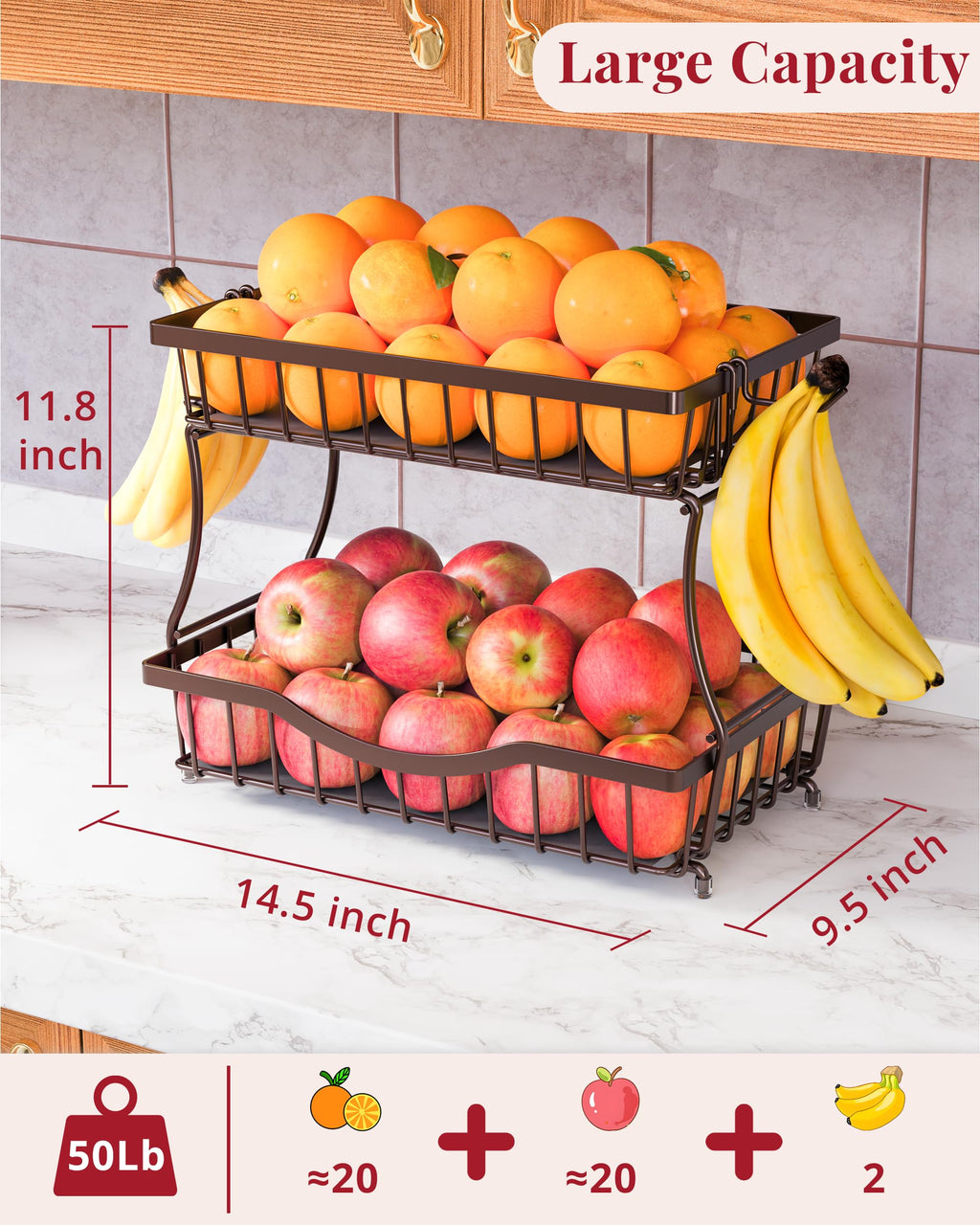 2 Tier Fruit Basket with 2 Banana Hangers V141