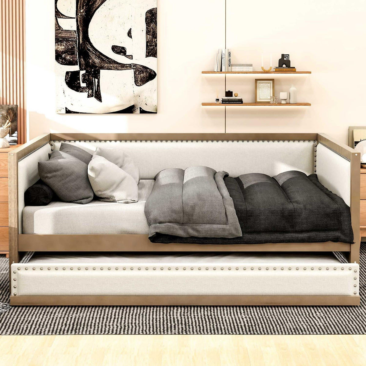 Full Size Upholstered Daybed with Trundle Linen Fabric Y438