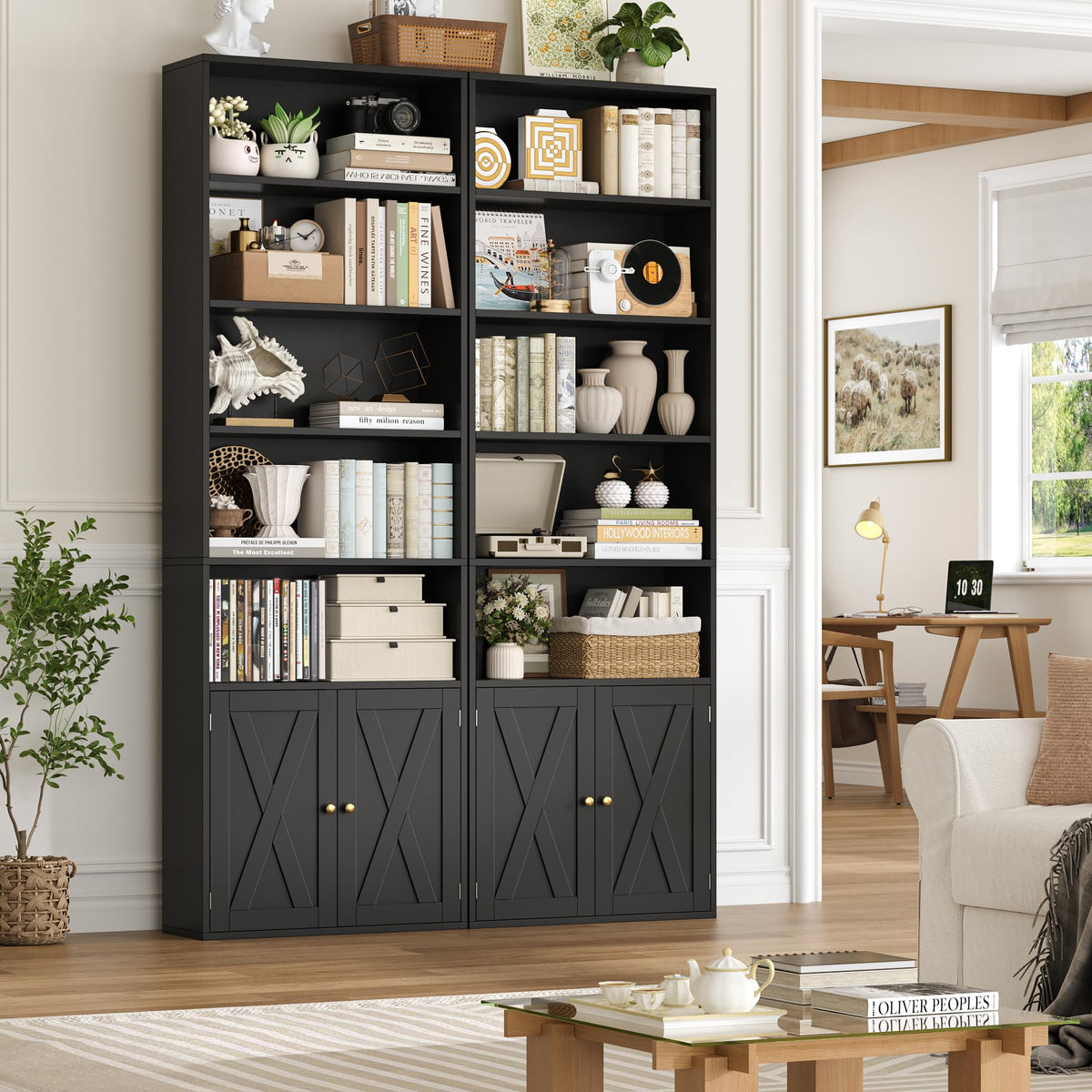 82" Tall Black Bookcase with Doors U78642