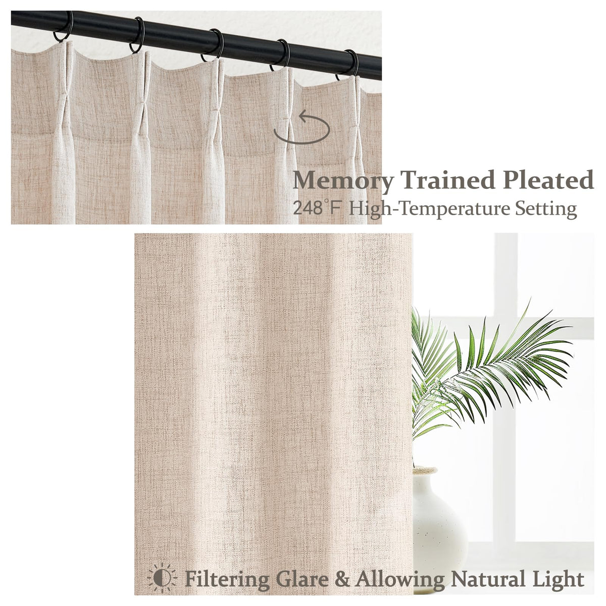 Light Filtering Semi Sheer Linen Curtains 96 Inches 2 Panels Set K80985