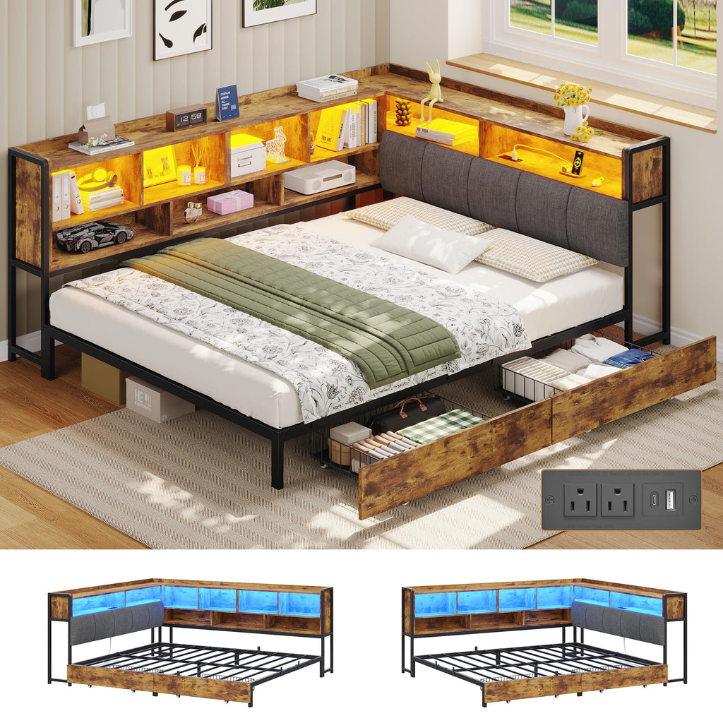 Brown Corner Bed Frame with Storage Headboard and 2 Drawers S6337