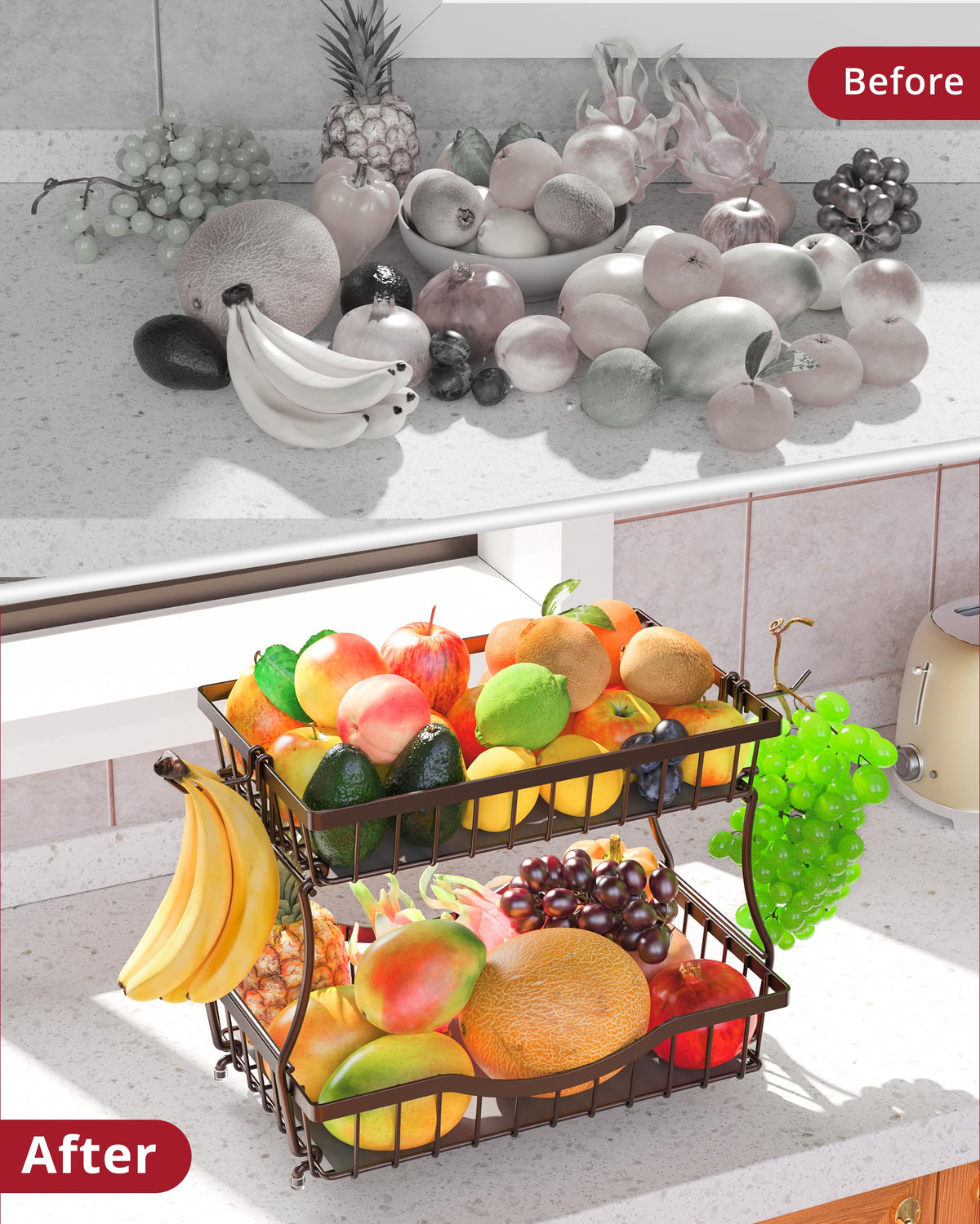 2 Tier Fruit Basket with 2 Banana Hangers V141