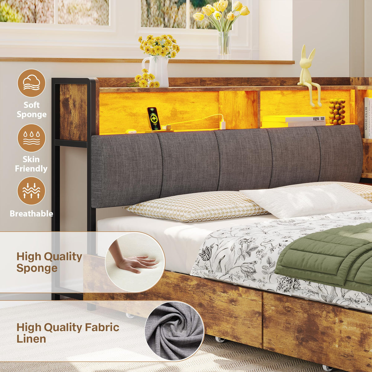 Brown Corner Bed Frame with Storage Headboard and 2 Drawers S6337