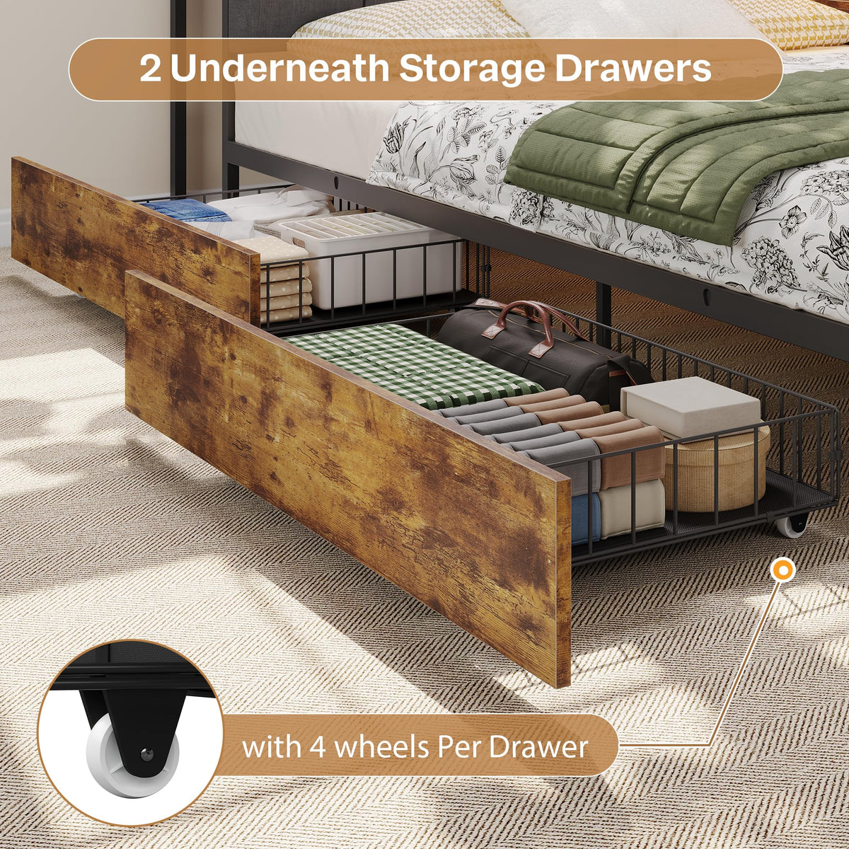 Brown Corner Bed Frame with Storage Headboard and 2 Drawers S6337