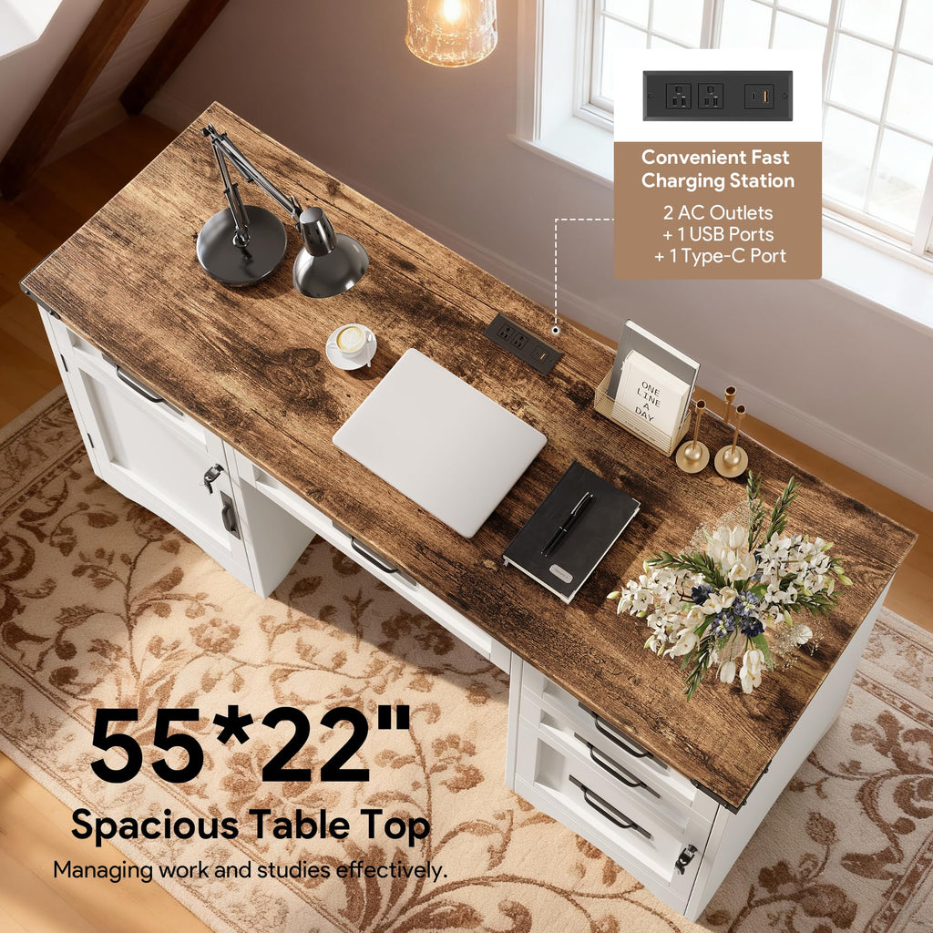 White Wood Executive Desk with Drawers and File Cabinet E160