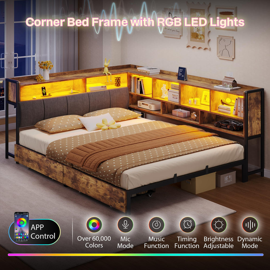 Brown Corner Bed Frame with Storage Headboard and 2 Drawers S6337