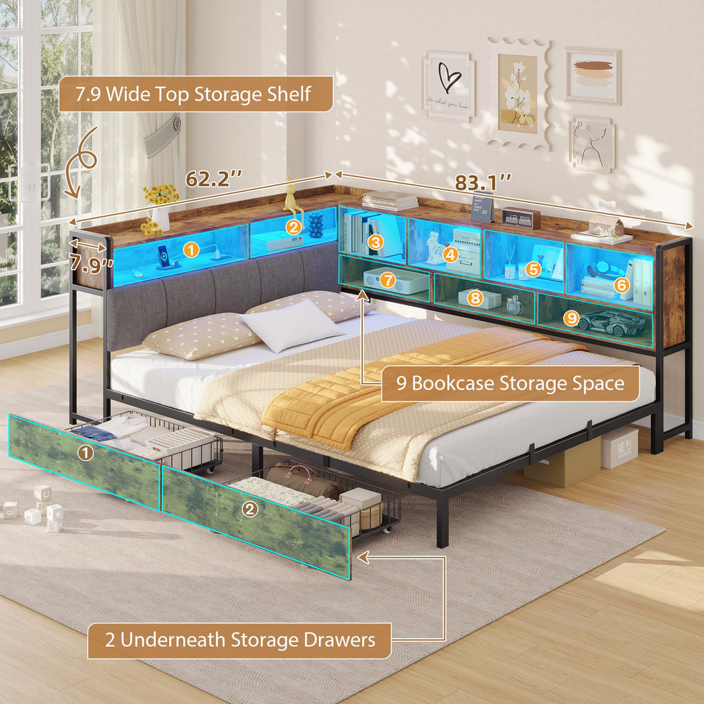 Brown Corner Bed Frame with Storage Headboard and 2 Drawers S6337